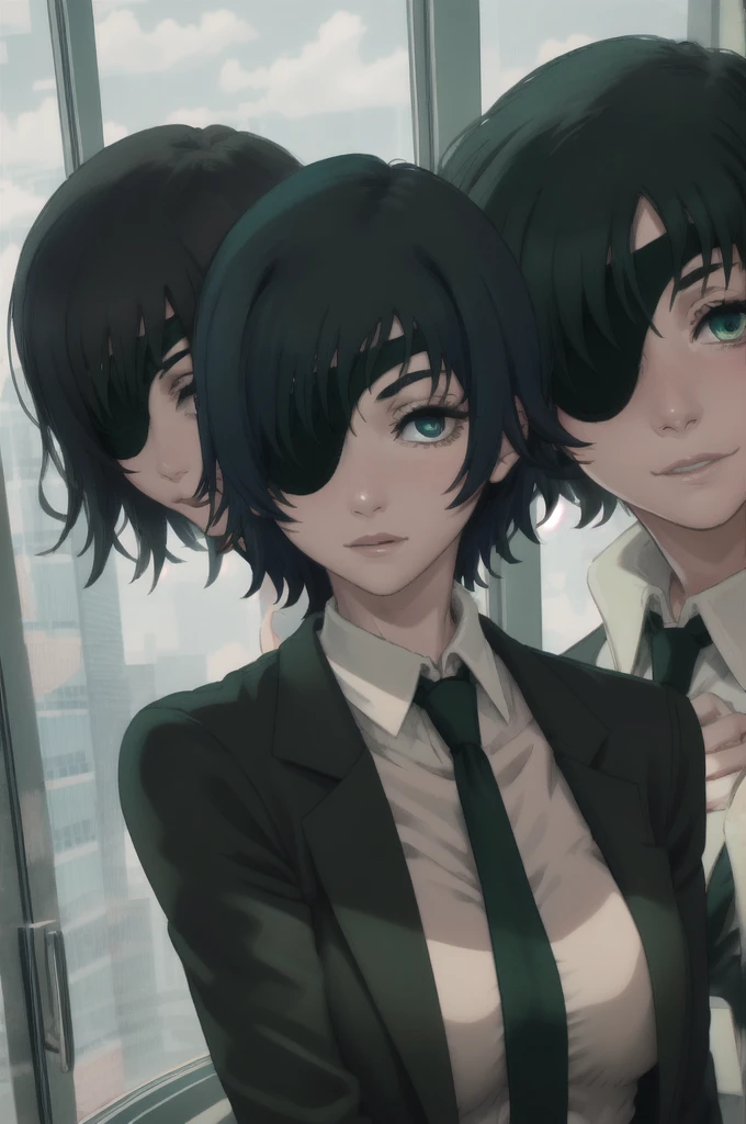 1girl, two heads, eyepatch, black hair, short hair, himeno-lora, blue eyes, green hair, gradient eyes, dark hair, dark green hair, blue-green eyes, himeno (chainsaw man), black necktie, necktie, solo, shirt, suit, formal, collared shirt, white shirt, black jacket, jacket