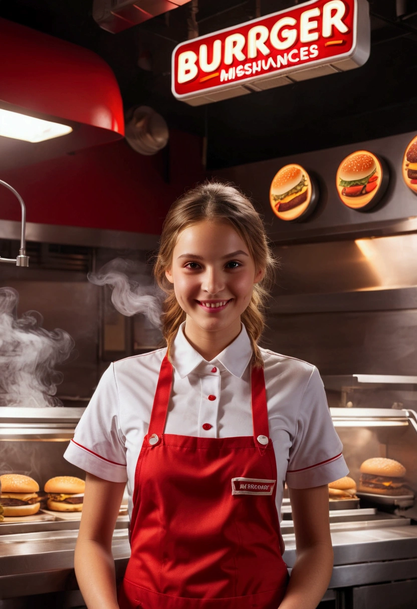 1girl, Fast Food Worker, A fast food worker, working at a busy burger restaurant, wearing a red and white uniform, smiling and serving customers, detailed facial features, 8k, dynamic lighting, warm color tones, highly detailed, seamless, volumetric, cinematic composition, clean design, industrial kitchen setting, stainless steel appliances, neon signage, reflective surfaces, steam and smoke effects, immersive atmosphere, dynamic camera angle, cinematic framing, masterpiece, best quality, very aesthetic, absurdres