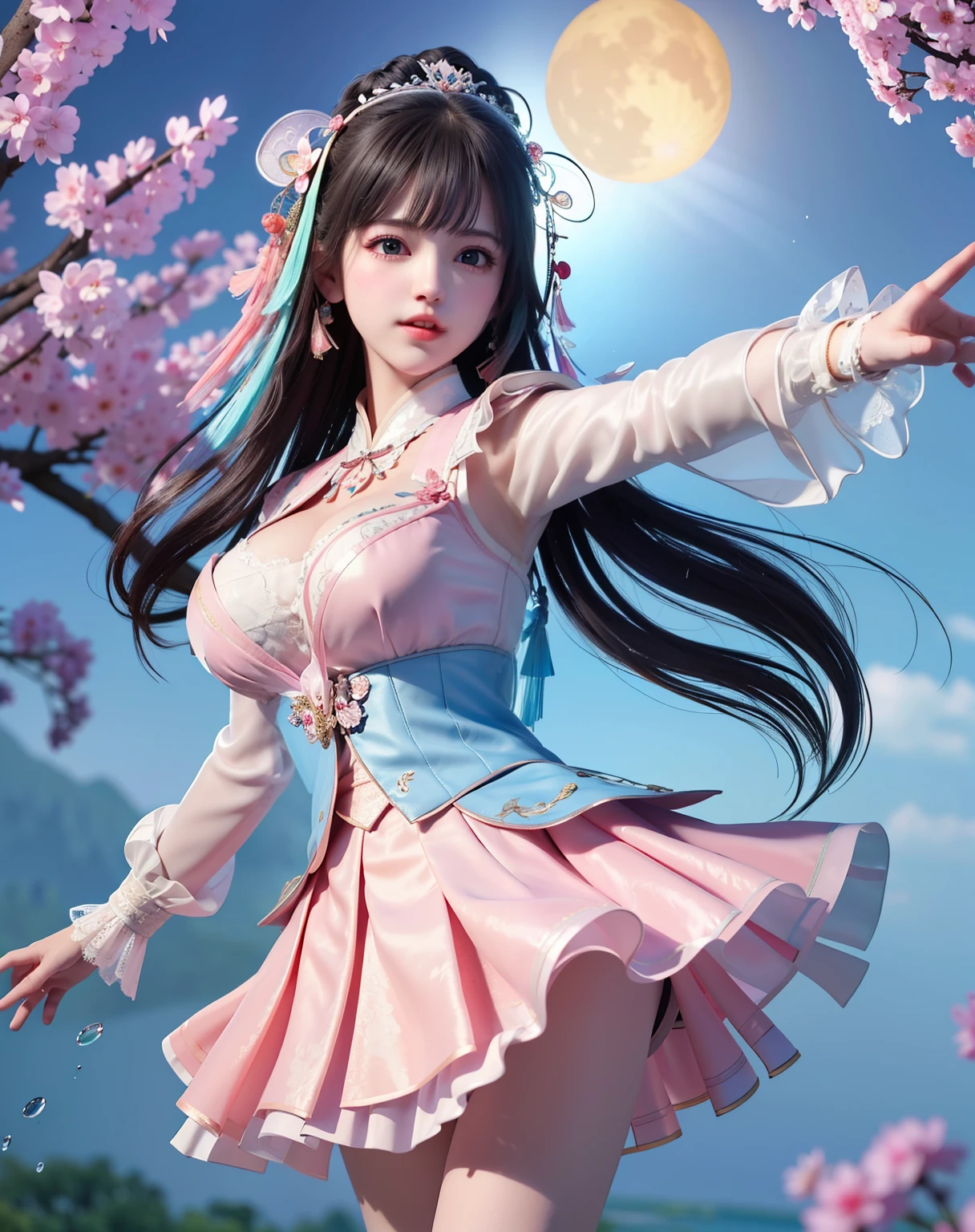 (8k, RAW photo:1.2), best quality, ultra high res,dramatic angle,(fluttered detailed color splashs), (illustration),(((1 girl))),(long hair),(rain:0.9), (Headdress:1.4),There is an ancient palace beside the girl,Hanfu,(Key Points),Color ink painting,(Splash of Color),Splash of Color,(((colorful))),(sketch:0.8) , Masterpiece, best quality, beautiful painted, highly detailed,(denoising:0.6),[splash ink],((ink refraction)), (beautiful detailed sky),moon,highly,detaild,(masterpiece, best quality, extremely detailed） CG Unity 8k Wallpaper，masterpiece，best quality，Ultra Detailed），（Lycoris）.shoulder ballet dress open V-chested clothes Thin silk lace dress short skirt , (huge ，cleavage),, white pink, blue ，best qualtiy，tmasterpiece，Ultra-high resolution，（Reality：1.4），RAW photogr，（True skin texture：1.3），（filmgrain：1.3），（Selfie angle），1个Giant Breast Girl，Beautiful eye and face details，tmasterpiece，Best quality at best，，The chest more exposed， detailed hair, bra pink , detail 8k, full body, lace petticoat
