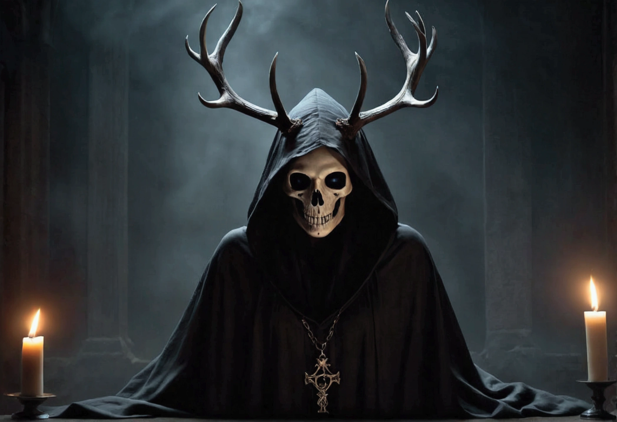 (best quality,4k,8k,highres,masterpiece:1.2),ultra-detailed,(realistic,photorealistic,photo-realistic:1.37),horror,dark,occult,gloomy,color scheme,night time,shadowy,gloomy,ominous atmosphere,A person wearing a deer skull on their head,black robe,candle,burning, flickering light,satanic alter,creepy,dark magic,vivid colors,surrealistic,moonlight,shadows dancing,haunting,spooky aesthetic,ethereal,mysterious figure,ancient ritual,demonic presence,foreboding,menacing,macabre,occult symbols,cryptic writings,mystical,misty atmosphere,pale moonlight,gothic elements,ominous shadows,ghostly,ominous candles,whispering shadows,foreboding darkness,spellbinding,unearthly,unsettling energy,thick darkness,enchanted scenery,total darkness,forbidden rituals,lit by the candlelight,supernatural energies,esoteric knowledge,nightmare-like,hauntingly beautiful,cloaked figure,hooded,mesmerizing,hidden secrets,esoteric meanings,confounding,encrypting,key to the unknown,nightmarish,dark aura,unveiling the shadowy truth,strange and otherworldly,dark glamour,peculiar and eerie ambiance,sinister figure,silent,grim,ancient mysticism,otherworldly presence,ominous atmosphere,casting eerie shadows,dark enchantments,diabolical,cloaked in darkness.