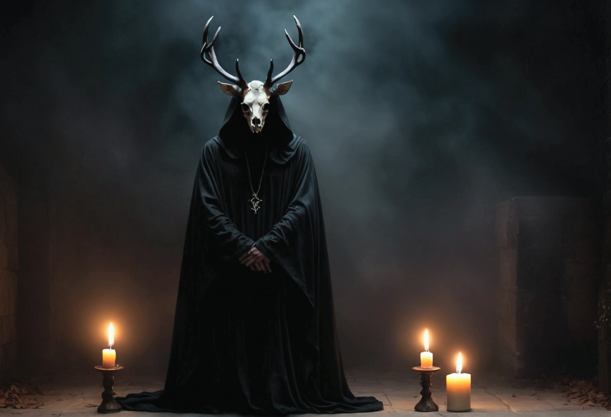 (best quality,4k,8k,highres,masterpiece:1.2),ultra-detailed,(realistic,photorealistic,photo-realistic:1.37),horror,dark,occult,gloomy,color scheme,night time,shadowy,gloomy,ominous atmosphere,A person wearing a deer skull on their head,black robe,candle,burning, flickering light,satanic alter,creepy,dark magic,vivid colors,surrealistic,moonlight,shadows dancing,haunting,spooky aesthetic,ethereal,mysterious figure,ancient ritual,demonic presence,foreboding,menacing,macabre,occult symbols,cryptic writings,mystical,misty atmosphere,pale moonlight,gothic elements,ominous shadows,ghostly,ominous candles,whispering shadows,foreboding darkness,spellbinding,unearthly,unsettling energy,thick darkness,enchanted scenery,total darkness,forbidden rituals,lit by the candlelight,supernatural energies,esoteric knowledge,nightmare-like,hauntingly beautiful,cloaked figure,hooded,mesmerizing,hidden secrets,esoteric meanings,confounding,encrypting,key to the unknown,nightmarish,dark aura,unveiling the shadowy truth,strange and otherworldly,dark glamour,peculiar and eerie ambiance,sinister figure,silent,grim,ancient mysticism,otherworldly presence,ominous atmosphere,casting eerie shadows,dark enchantments,diabolical,cloaked in darkness.