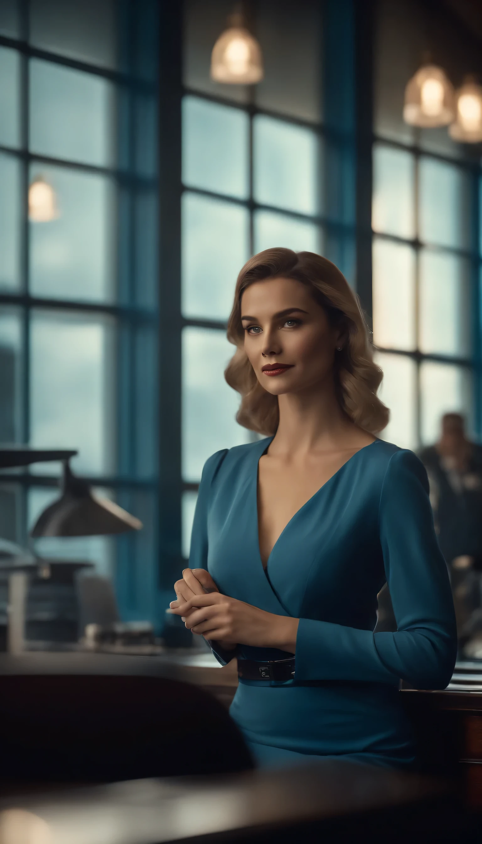 Lena was offered a job by a wealthy man named marcus, neat office setting, lena was happy,
8k epic-realistic imagery, blue scenery like a movie scene, old american setting, inspired by blade runner movie scene, blue tone