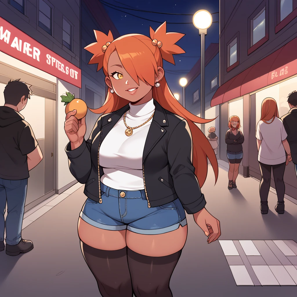 score_9, score_8_up, score_7_up, score_6_up, score_5_up, score_4_up, source_anime, rating_safe, BREAK chouchou akimichi,1girl,dark-skinned female,curvy,orange hair,hair over one eye,two side up,long hair,yellow eyes,hair bobbles,jewelry,earrings,black jacket,necklace,white turtleneck shirt,blue short jeans,black thighhighs,big breats,in street,night