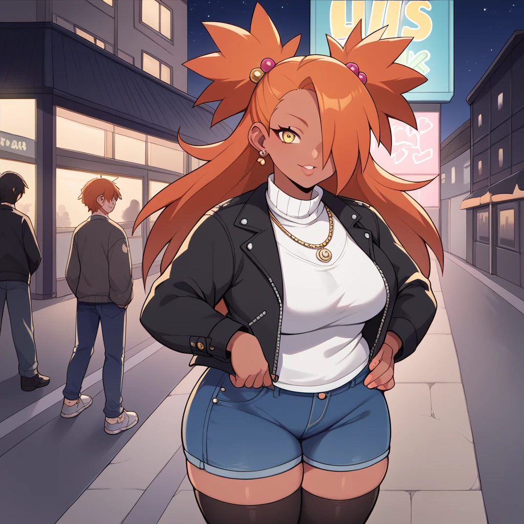 score_9, score_8_up, score_7_up, score_6_up, score_5_up, score_4_up, source_anime, rating_safe, BREAK chouchou akimichi,1girl,dark-skinned female,curvy,orange hair,hair over one eye,two side up,long hair,yellow eyes,hair bobbles,jewelry,earrings,black jacket,necklace,white turtleneck shirt,blue short jeans,black thighhighs,big breats,in street,night