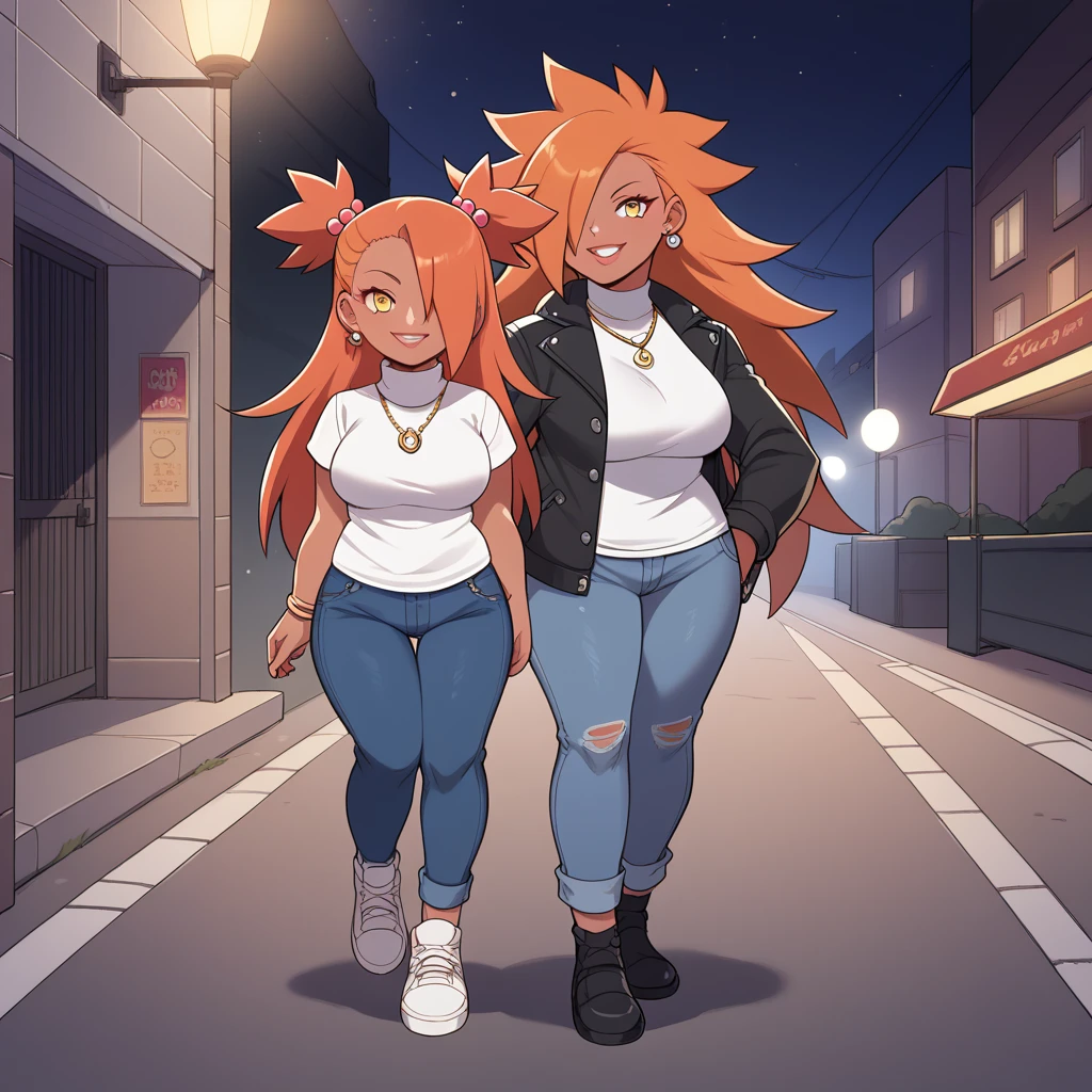 score_9, score_8_up, score_7_up, score_6_up, score_5_up, score_4_up, source_anime, rating_safe, BREAK chouchou akimichi,1girl,dark-skinned female,curvy,orange hair,hair over one eye,two side up,long hair,yellow eyes,hair bobbles,jewelry,earrings,black jacket,necklace,white turtleneck shirt,blue short jeans,black thighhighs,big breats,in street,night