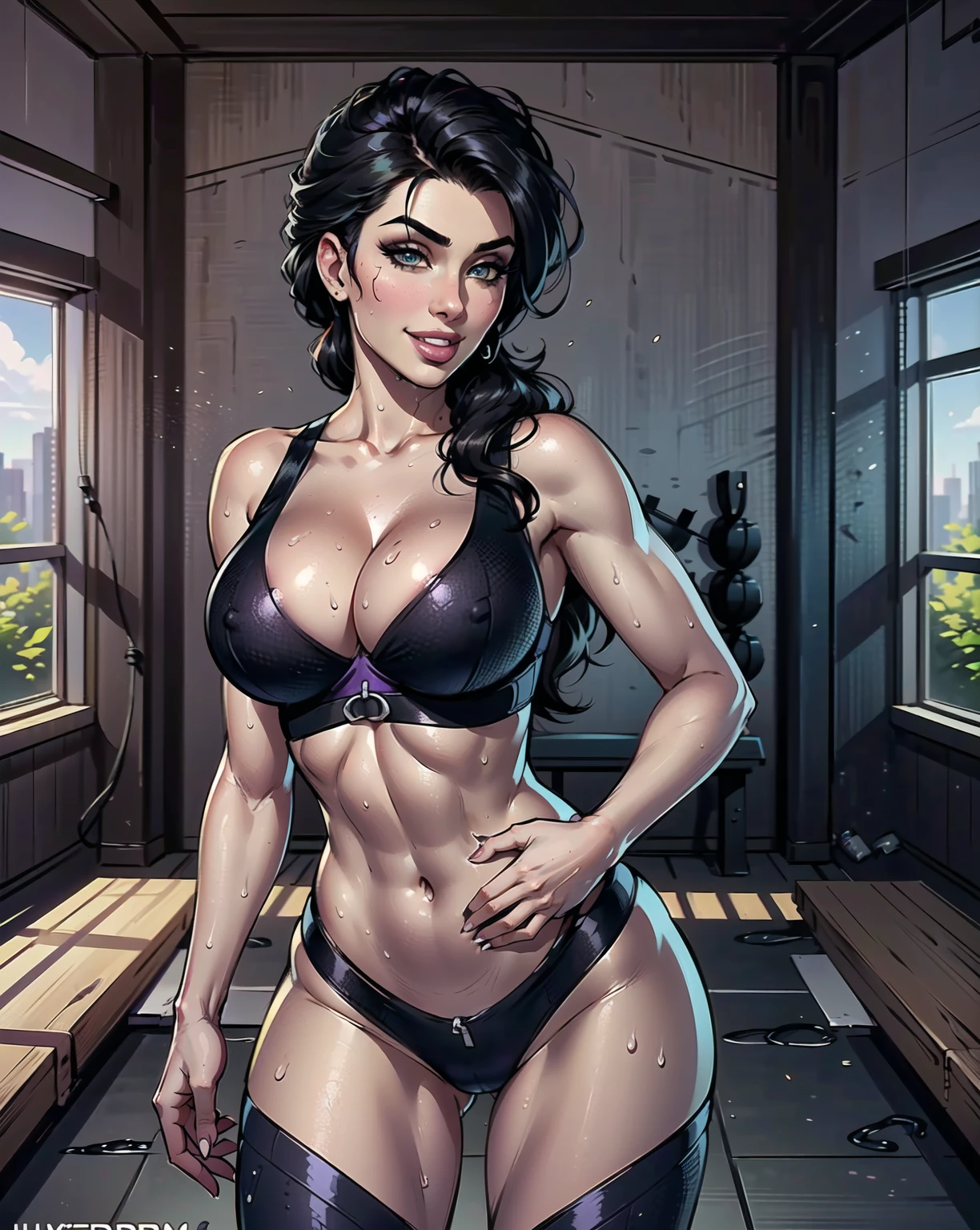 ((ultrahigh resolution, great quality)), (((8k, photo and raw, best quality, masterpiece, hyperrealistic))), incredible, extremely detailed, sharp focus, real person, only one girl, ((1 very girl attractive and beautiful)), (((((Abigail Ratchford's facial features))))), (((((Abigail Ratchford's face))))), (((((Abigail Ratchford's body))))), Detailed face, ((model body,  body, slim body)), ((((Abigail Ratchford in the gym with  purple and black, purple and black lycra, 4D Stretch sports bra with round neckline and raspberry V-back, black leggings, purple and black tights, purple tank top, in the gym, sweaty, very little makeup, sweaty skin, sweaty hair, playboy photo style, captivating and tempting, posing smiling, Abigail Ratchford, Realistic, sensual look, , Instagram model, Sensual,  smile, sensual posing, natural pose, happy and  expression, goddess, perfect physical proportions, peeping , View , view from back, shot )))), ((beautiful smile,  smile)), ((perfect mouth)), ((perfect legs)), navel piercing, (Beautiful face), sinuous look,  look, half smile, stitching, (((real skin))), (((detailed skin))), cinematic lighting, ((perfect detailed and pretty eyes)), ((Highly detailed body, perfect body measurements)), ((detailed and tempting lips)), ((marking body clothes, Marked , Generous cleavage)), 1 navel, rosy cheeks, ((Juicy and  lips, perfect lips)),  smile, wild and  hair, Full body view, ((masterpiece)), (((best quality))), (((ultra high))), (((hyperrealistic))), (((photorealistic))), Highly detailed CG unit 8k wallpaper, shot style, complex, High detail, Dramatic, Highest Quality Movie Still Image, Masterpiece, Best Quality, Realistic Ultra Detailed Rendering Style, ((Natural Light)), Crisp Characte, DSLR, Fujifilm XT3, intricate details, natural photography, natural light, (((((draw effect)))))