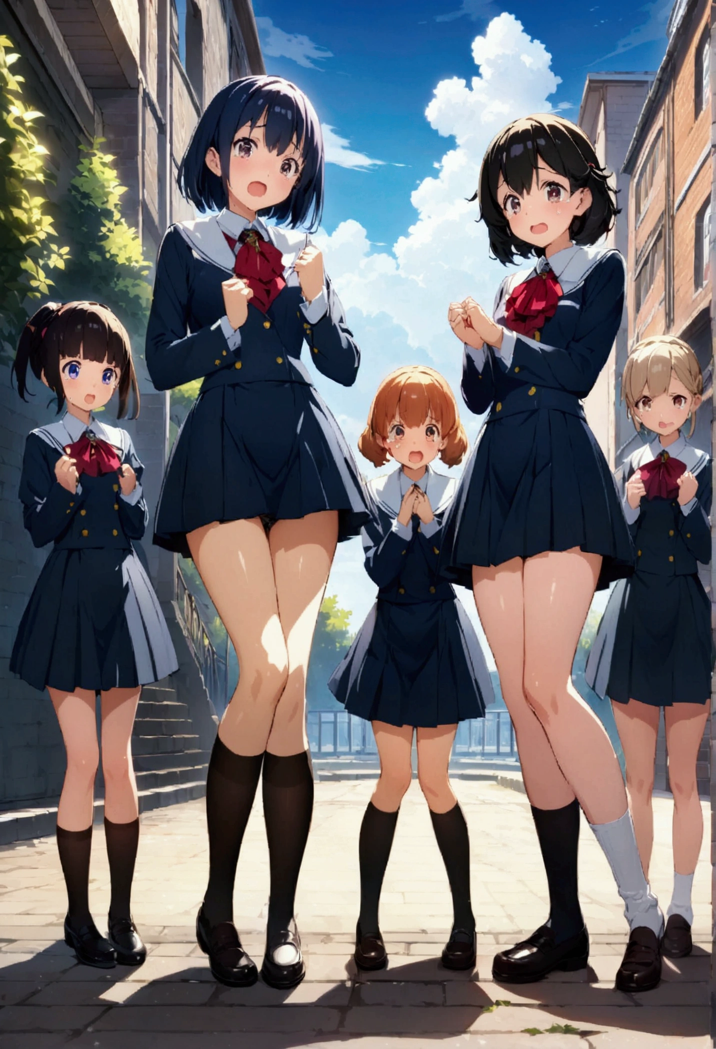 Anime. 4 girls. Young girls. Lovely girls. High school girls. Standing. Full height. Full body. School gate. Stomachs hurt. Hands on bellies. Knees together, feet apart. Girls can't stand straight. Diarrhea. Pooping in panties. They poop on the street. Embarrassment. Tears in my eyes. Beautiful character design. Shiny skin. nswf. Official art. Extremely detailed CG Unity 8k wallpaper. Ideal lighting. Ultra high resolution 4K. Super detailed 8K resolution. A high resolution. Scat.