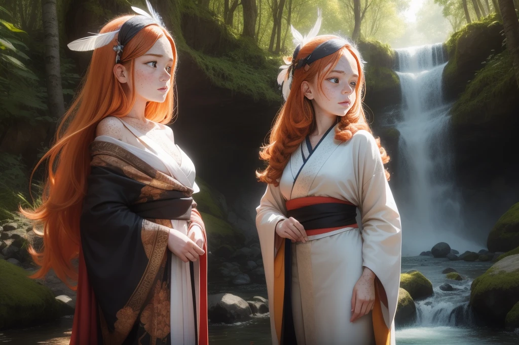 1girl positioned to the left, waterfall on the right, 18 years old princess, striking figure, long ginger hair, wavy hairs, fair skin, (((freckles))), ((kolito)), innocent and regal appearance, expressive eyes are filled with a mix of curiosity and determination, her slender frame, elegant grace, vibrant orange kimono with white and black decorations, ornate kimono, very long sleeves, feather headdress, in a forest