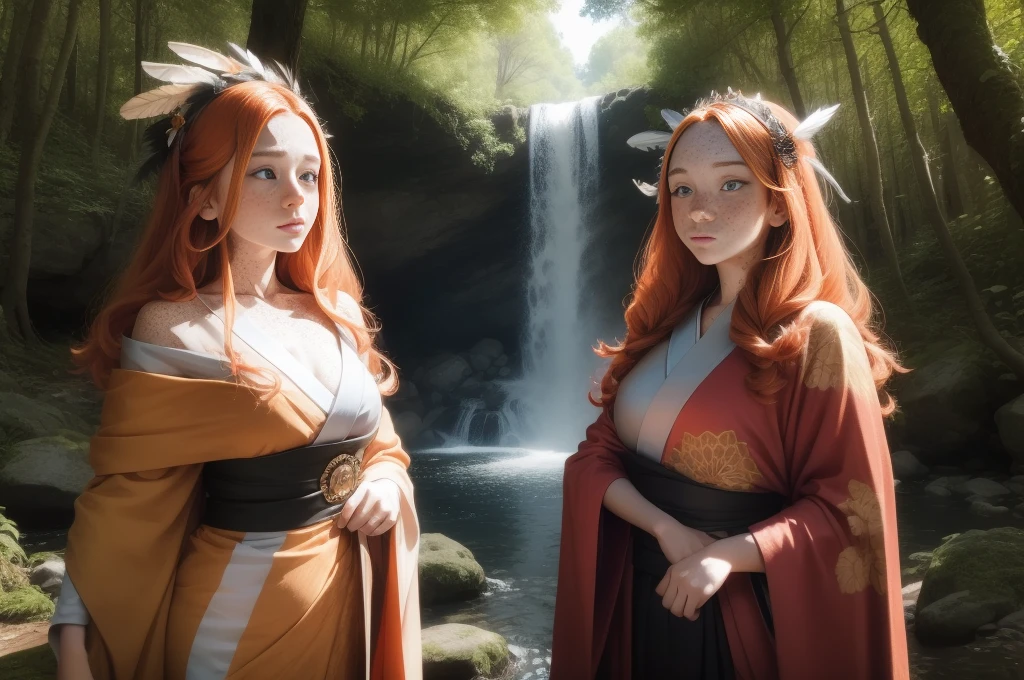 1girl positioned to the left, waterfall on the right, 18 years old princess, striking figure, long ginger hair, wavy hairs, fair skin, (((freckles))), ((kolito)), innocent and regal appearance, expressive eyes are filled with a mix of curiosity and determination, her slender frame, elegant grace, vibrant orange kimono with white and black decorations, ornate kimono, very long sleeves, feather headdress, in a forest