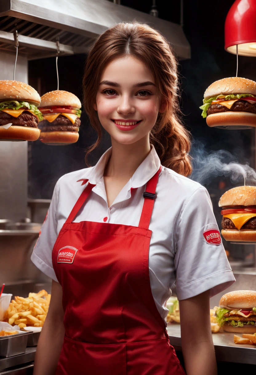 1girl, Fast Food Worker, A fast food worker, working at a busy burger restaurant, wearing a red and white uniform, smiling and serving customers, detailed facial features, 8k, dynamic lighting, warm color tones, highly detailed, seamless, volumetric, cinematic composition, clean design, industrial kitchen setting, stainless steel appliances, neon signage, reflective surfaces, steam and smoke effects, immersive atmosphere, dynamic camera angle, cinematic framing, masterpiece, best quality, very aesthetic, absurdres