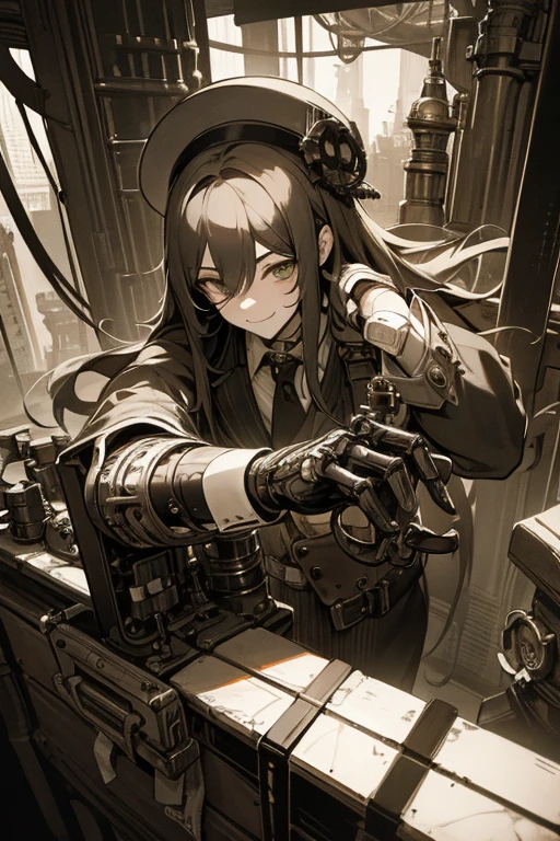 High Contrast、solo、male性、male、Long Hair、adult、mad Men、Suspicious eyeonocle、steampunk、gear、Mechanical prosthetic hand、Innocence、Unstoppable curiosity、Excitement of the unknown、observation、Crazy Smile、smile、Trance、Min City、Underground community