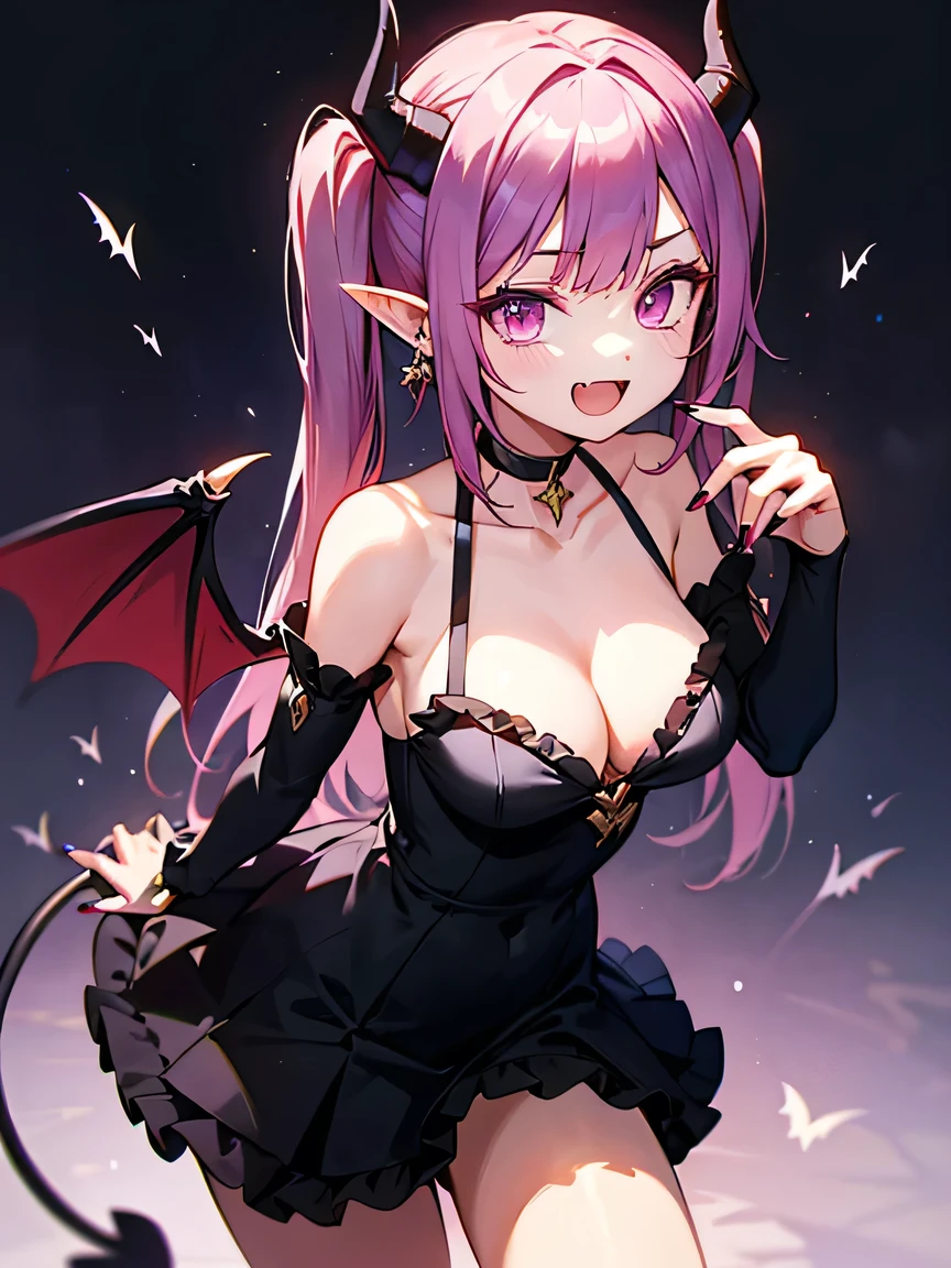 1girl, solo, rating:s, breasts, purple_hair, wings, long_hair, looking_at_viewer, clevelage, :d, twintails, vampire_girl, demon_wings, bare_shoulder, large_breasts, open_mouth, bangs, horns, purple_eyes, bat_wings, red_dress, blush, nail_polish, demon_tail, collarbone, jewelry, choker,  pointy_ears, skirt, fang, black_dress, frills, hand_up, cowboy_shot, detached sleeves, low_wings, red_eyes, head_wings  