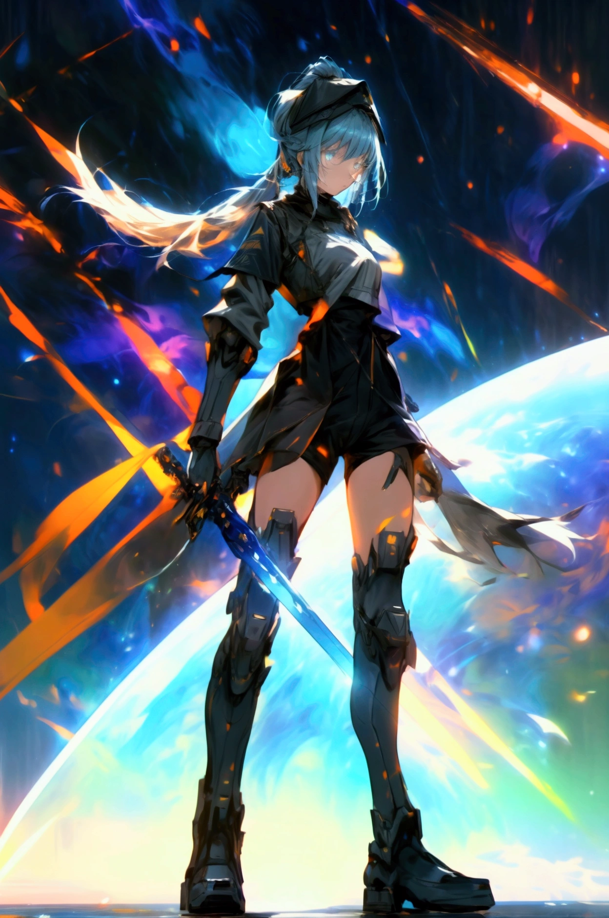 ((science fiction space fantasy)), A badass tall woman, an art of a female character standing amidst a galactic battlefront, (A female commander), ((a leader of a fleet of intergalactic armies)), White high ponytail with a glowing light blue highlights at the ends, Wielding a sword with deep blue aura, the mystical blade in her hand emitting a bright contrast blue light with a ray of energy, a futuristic intergalactic military uniform, Wearing Black shorts exposing the thighs, with a captain hat, a long simple dark boots. A masterpiece illustration, a light novel cover, best quality, best detail(Light novel illustrations), Arknights style, masterpiece, high quality, detailed.