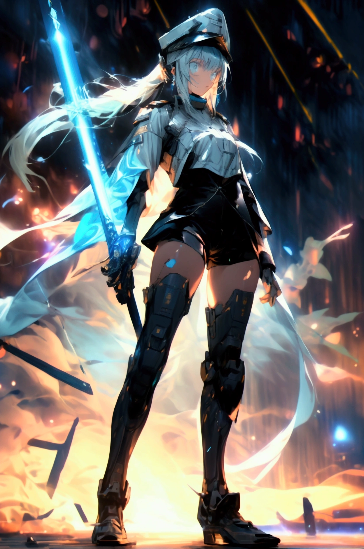 ((science fiction space fantasy)), A badass tall woman, an art of a female character standing amidst a galactic battlefront, (A female commander), ((a leader of a fleet of intergalactic armies)), White high ponytail with a glowing light blue highlights at the ends, Wielding a sword with deep blue aura, the mystical blade in her hand emitting a bright contrast blue light with a ray of energy, a futuristic intergalactic military uniform, Wearing Black shorts exposing the thighs, with a captain hat, a long simple dark boots. A masterpiece illustration, a light novel cover, best quality, best detail(Light novel illustrations), Arknights style, masterpiece, high quality, detailed.
