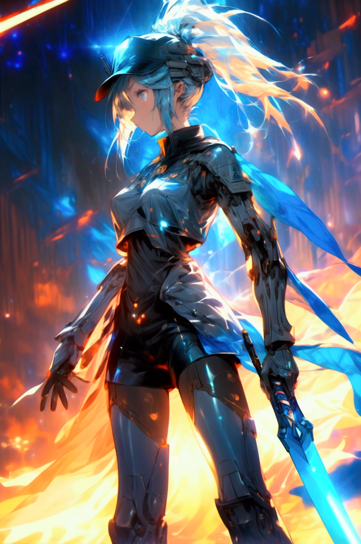 ((science fiction space fantasy)), A badass tall woman, an art of a female character standing amidst a galactic battlefront, (A female commander), ((a leader of a fleet of intergalactic armies)), White high ponytail with a glowing light blue highlights at the ends, Wielding a sword with deep blue aura, the mystical blade in her hand emitting a bright contrast blue light with a ray of energy, a futuristic intergalactic military uniform, Wearing Black shorts exposing the thighs, with a captain hat, a long simple dark boots. A masterpiece illustration, a light novel cover, best quality, best detail(Light novel illustrations), Arknights style, masterpiece, high quality, detailed.