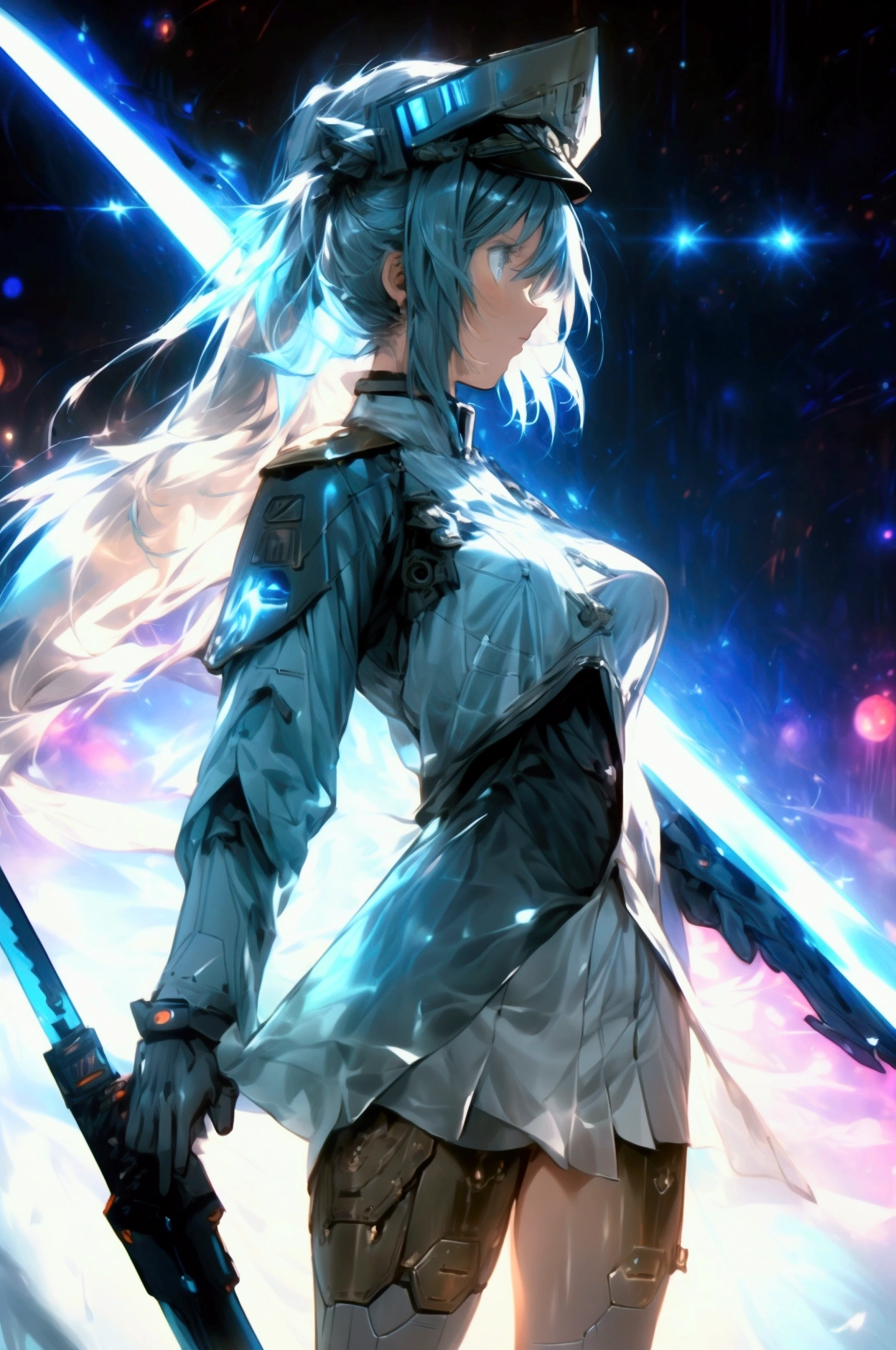 ((science fiction space fantasy)), A badass tall woman, an art of a female character standing amidst a galactic battlefront, (A female commander), ((a leader of a fleet of intergalactic armies)), White high ponytail with a glowing light blue highlights at the ends, Wielding a sword with deep blue aura, the mystical blade in her hand emitting a bright contrast blue light with a ray of energy, a futuristic intergalactic military uniform, Wearing Black shorts exposing the thighs, with a captain hat, a long simple dark boots. A masterpiece illustration, a light novel cover, best quality, best detail(Light novel illustrations), Arknights style, masterpiece, high quality, detailed.