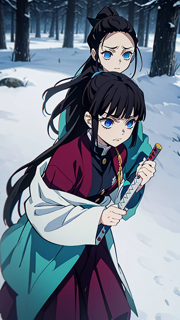 Kimetsu no Yaiba style, 1 mature, girl, blue eyes, a hashira, pretty, long dark brown hair in ponytail, curtain bangs, annoyed expression, noble, Pillar Demon Slayer, holding a sword, wearing demon slayer uniform, holding a blue demon slayer sword, dark and snowy background