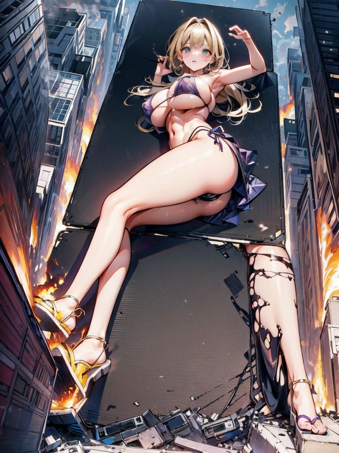 Giantess, long sexy legs, yellow hair, bikini, lying on the ground, city at her feet burns in flames for the destruction she has caused, tiny people climb on her body to try to defeat her uselessly. Giantess, goddess, macrophilia, curvaceous body, hentai, fetish, sexy legs, bikini, high heels, high quality, tiny people, people climbing body, giantess body, small people
