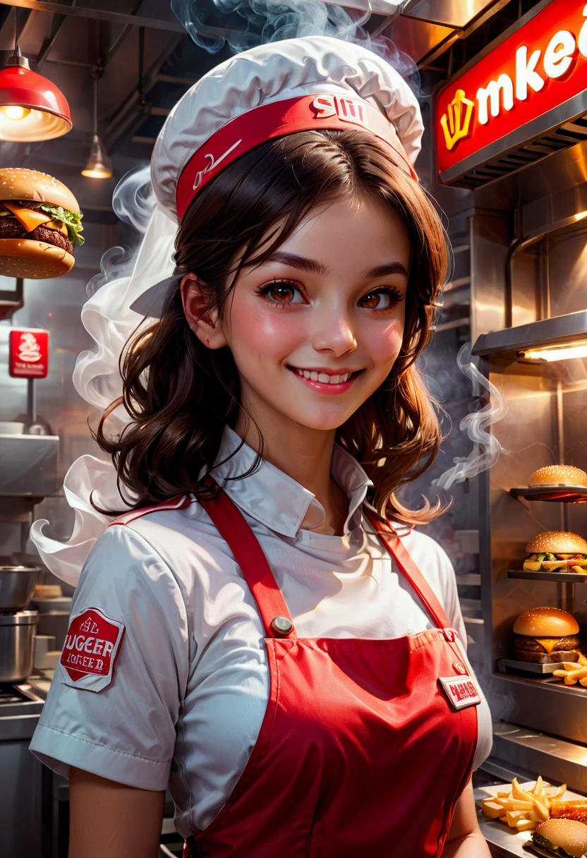 1girl, Fast Food Worker, A fast food worker, working at a busy burger restaurant, wearing a red and white uniform, smiling and serving customers, detailed facial features, 8k, dynamic lighting, warm color tones, highly detailed, seamless, volumetric, cinematic composition, clean design, industrial kitchen setting, stainless steel appliances, neon signage, reflective surfaces, steam and smoke effects, immersive atmosphere, dynamic camera angle, cinematic framing, masterpiece, best quality, very aesthetic, absurdres