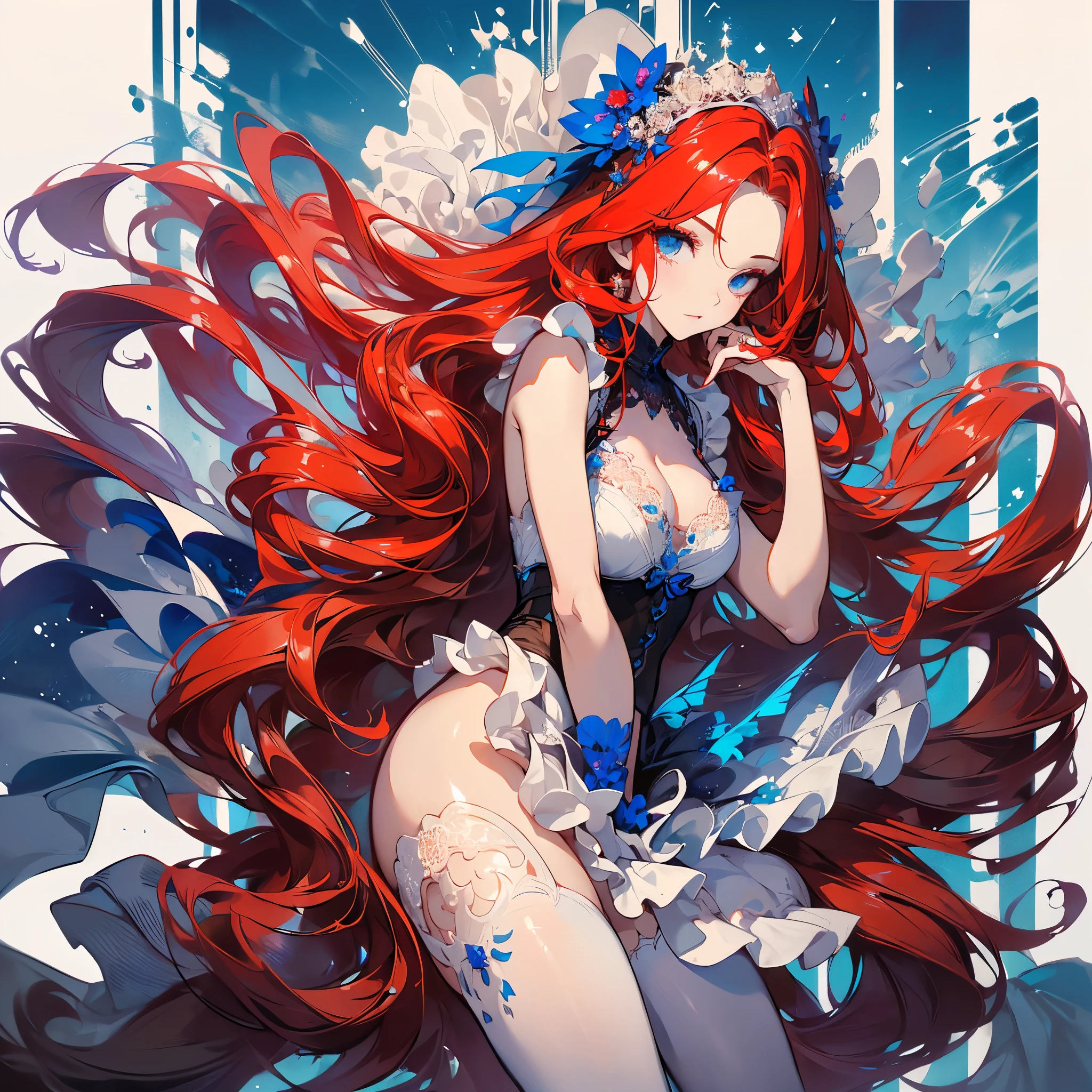 ((masterpiece, best quality)), Delicate face,Maid,Full body painting,Perfect body proportions,Long legs,((Long wavy hair)), ((Half of her hair is red,The other half is blue,Available in two colors)),beautiful eyes,Fantasy style,White background,transparent,Sexy bikini,Lace,Garter