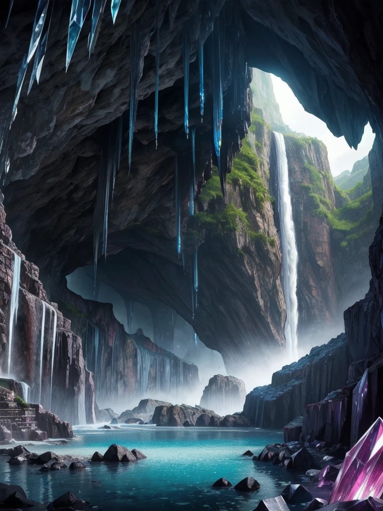 (ancient City:1.1) in a (Cave made of crystals and gems:1.2), buildings, waterfall, bright, colorful, magical, mystical, (final fantasy:0.8), detailed, sharp, HD, HDR, masterpiece, best quality, best resolution, splashscreen, cinematic lighting, depth of field, epic, dramatic