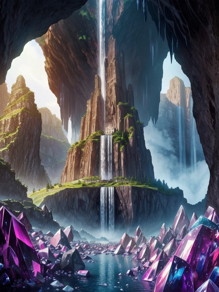 (ancient City:1.1) in a (Cave made of crystals and gems:1.2), buildings, waterfall, bright, colorful, magical, mystical, (final fantasy:0.8), detailed, sharp, HD, HDR, masterpiece, best quality, best resolution, splashscreen, cinematic lighting, depth of field, epic, dramatic