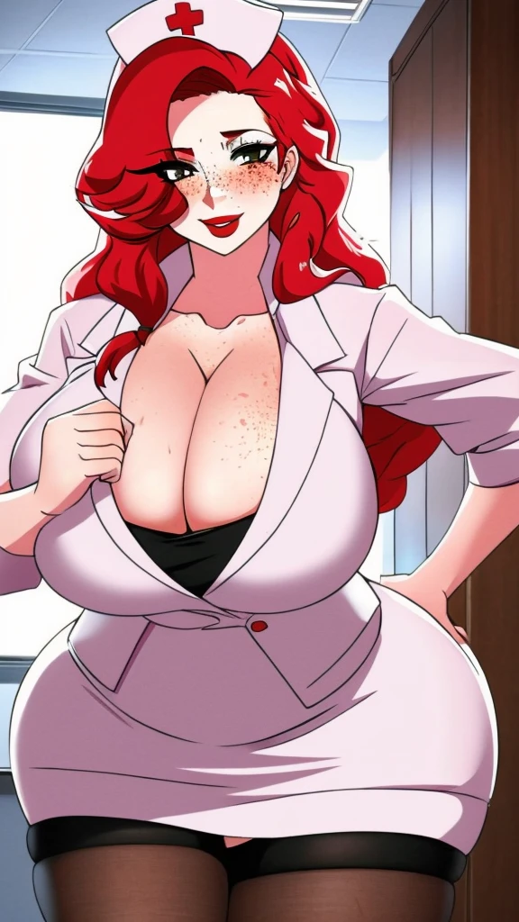 y redhead with long hair, wearing white nurse's uniform, in her office, big lips, cleuge breasts, mie hips, t thighs, depth of field, cinematic lighting, anatomically correct, high detail, red lipstick, freckles