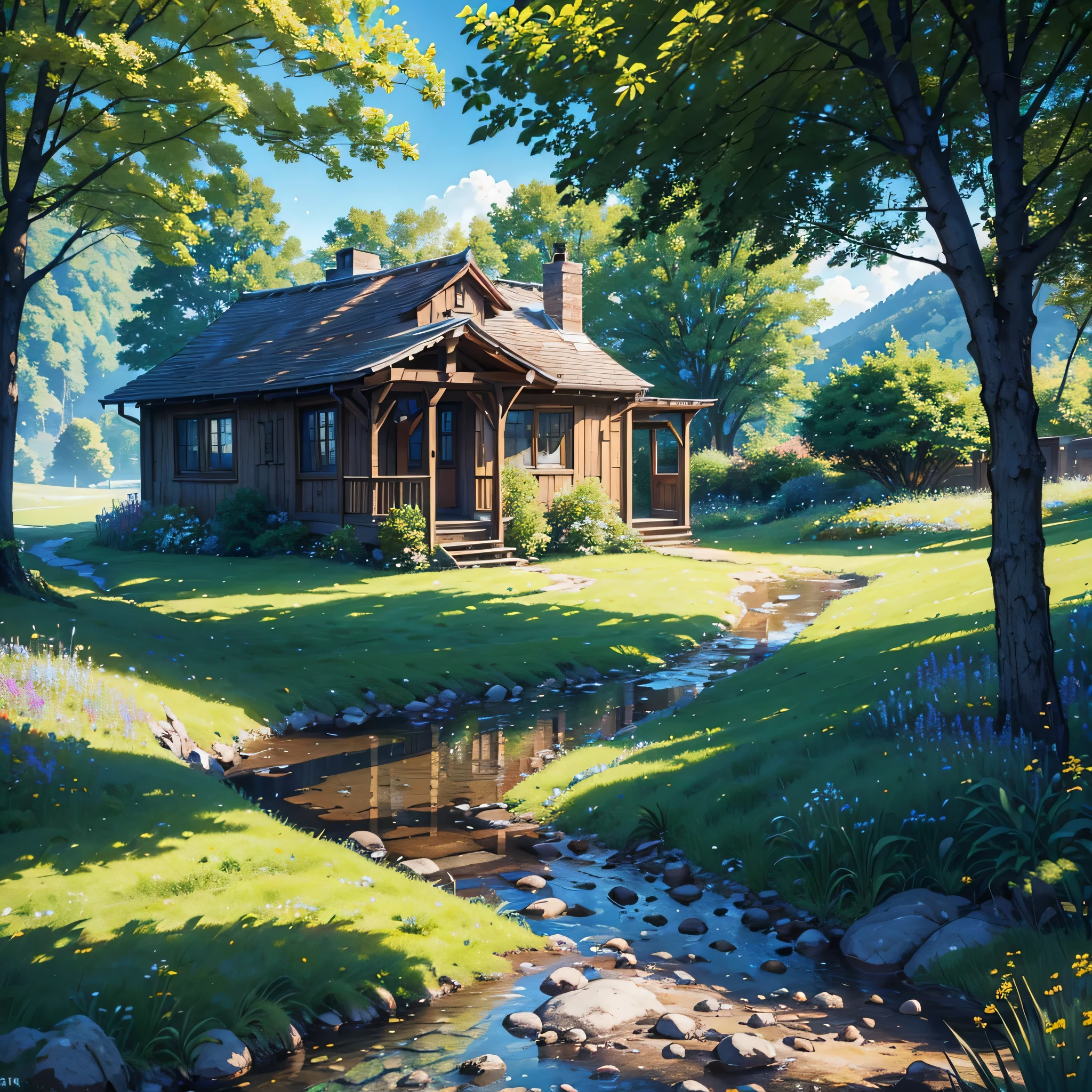 A small stone cottage in a vibrant meadow, surrounded by rolling hills and lush green grass, with wildflowers in full bloom. A clear brook babbles nearby, crossed by a charming wooden bridge. Sunbeams filter through the trees, birds soaring in the clear sky. The scene is warm, inviting, and serene. (best quality, 4k, 8k, highres, masterpiece:1.2), ultra-detailed, (realistic, photorealistic, photo-realistic:1.37), landscape, natural lighting, vibrant colors, serene.