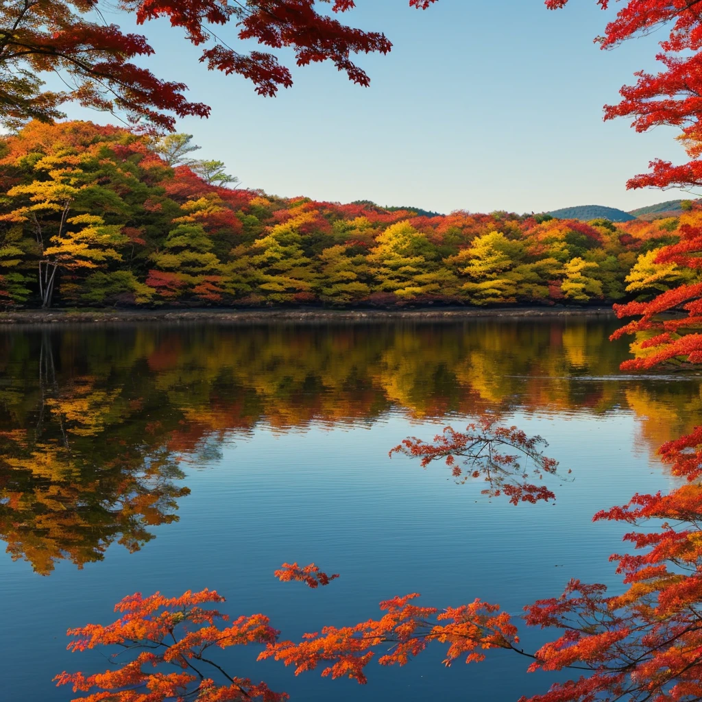 A serene autumn day at Tsutanuma Lake, Aomori. The vibrant fall foliage in shades of red, yellow, and orange reflects on the still water surface, creating a picturesque, mirror-like landscape. Capture the tranquility and beauty of this scene, with colorful leaves gently swaying and the golden hues of sunset illuminating the sky and lake.