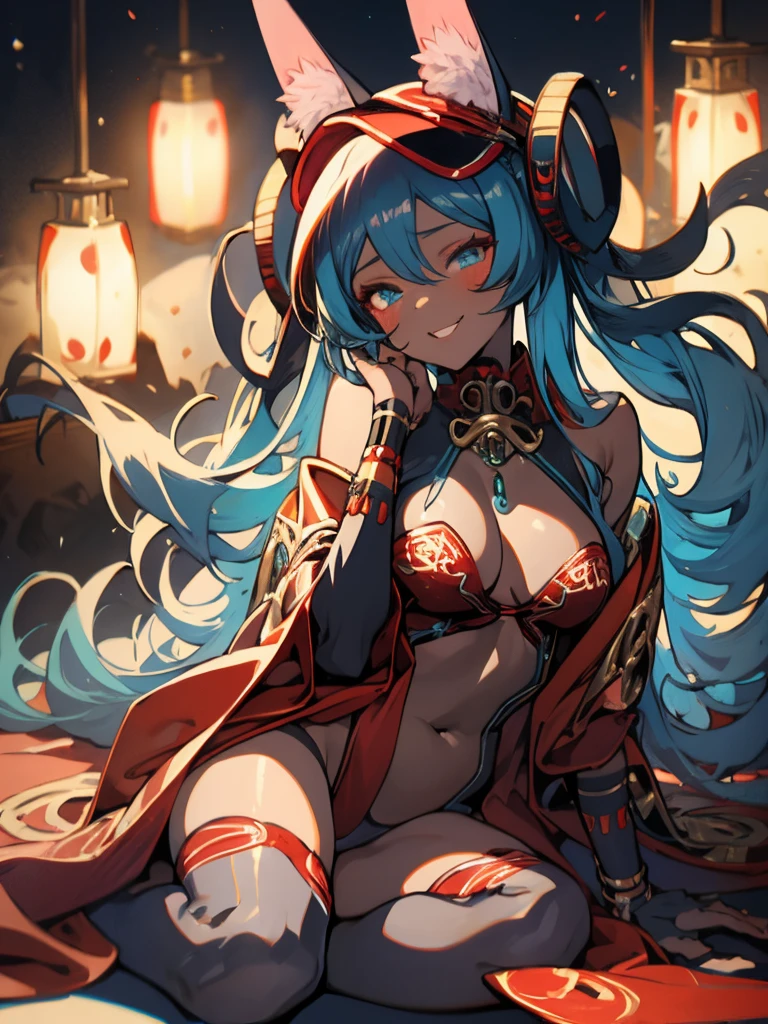 Miku Hatsune, High Definition, kitsune ears, tribal tattoo, flirtatious girl, Small breasts add_detail, wizard girl add_detail, sensual pose, horny girl  add_detail:1 japanese shrine costume add_detail 