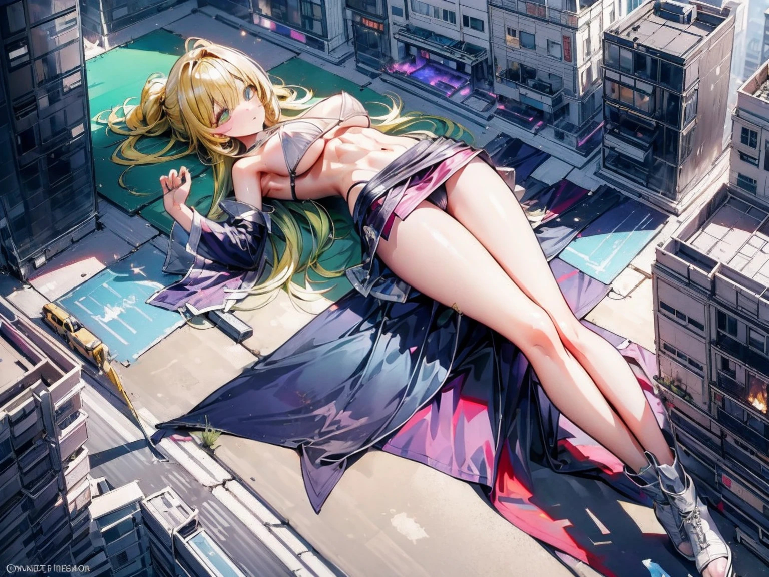 Giantess, long sexy legs, yellow hair, bikini, lying on the ground, city at her feet burns in flames for the destruction she has caused, tiny people climb on her body to try to defeat her uselessly. Giantess, goddess, macrophilia, curvaceous body, hentai, fetish, sexy legs, bikini, high heels, high quality, tiny people, people climbing body, giantess body, small people