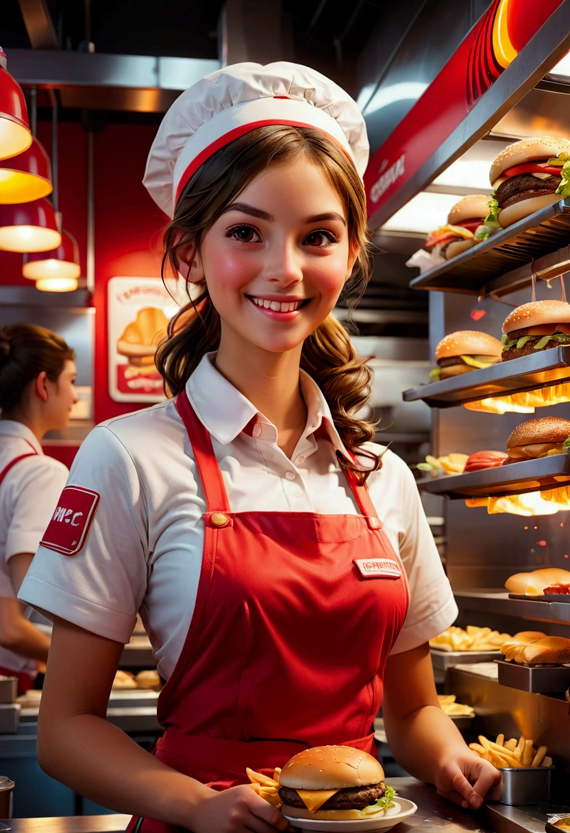 1girl, Fast Food Worker, A fast food worker, working at a busy burger restaurant, wearing a red and white uniform, smiling and serving customers, detailed facial features, 8k, dynamic lighting, warm color tones, highly detailed, seamless, volumetric, cinematic composition, clean design, industrial kitchen setting, stainless steel appliances, neon signage, reflective surfaces, steam and smoke effects, immersive atmosphere, dynamic camera angle, cinematic framing, masterpiece, best quality, very aesthetic, absurdres