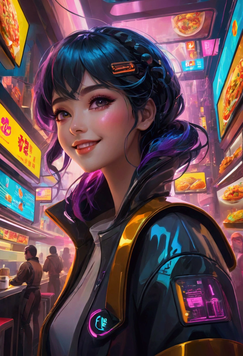 Anime style，super fine illustrations，Highly detailed，Dynamic Angle，Beautiful details，8K， Fast Food Worker, futuristic tech wear, Cyberpunk restaurant，Smiling in the colorful scene。Flat style、（Shining eyes、Beautiful face）、