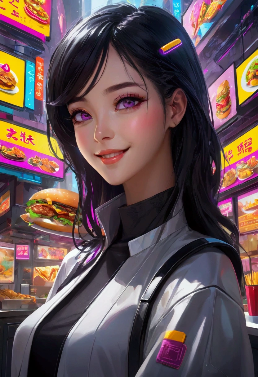 Anime style，super fine illustrations，Highly detailed，Dynamic Angle，Beautiful details，8K， Fast Food Worker, futuristic tech wear, Cyberpunk restaurant，Smiling in the colorful scene。Flat style、（Shining eyes、Beautiful face）、