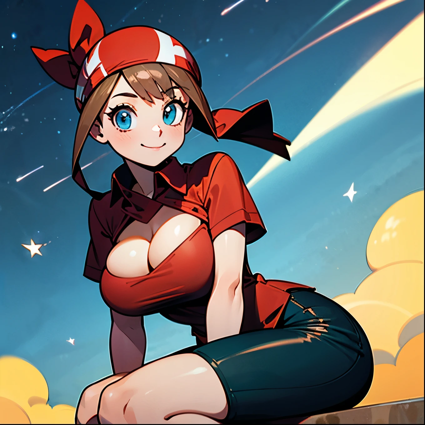 score_9, score_8_up, score_8, medium breasts, (curvy), cute, eyelashes, zzMay, blush, smile, bangs, skirt, shirt, holding, sitting, closed mouth, short sleeves, outdoors, sky, shoes, shorts, socks, collared shirt, eyelashes, night, white skirt, bike shorts, black socks, red shirt, star (sky), starry sky, bandana, shooting star, red bandana, smile, looking at viewer, huge breasts, wide hips, thick thighs