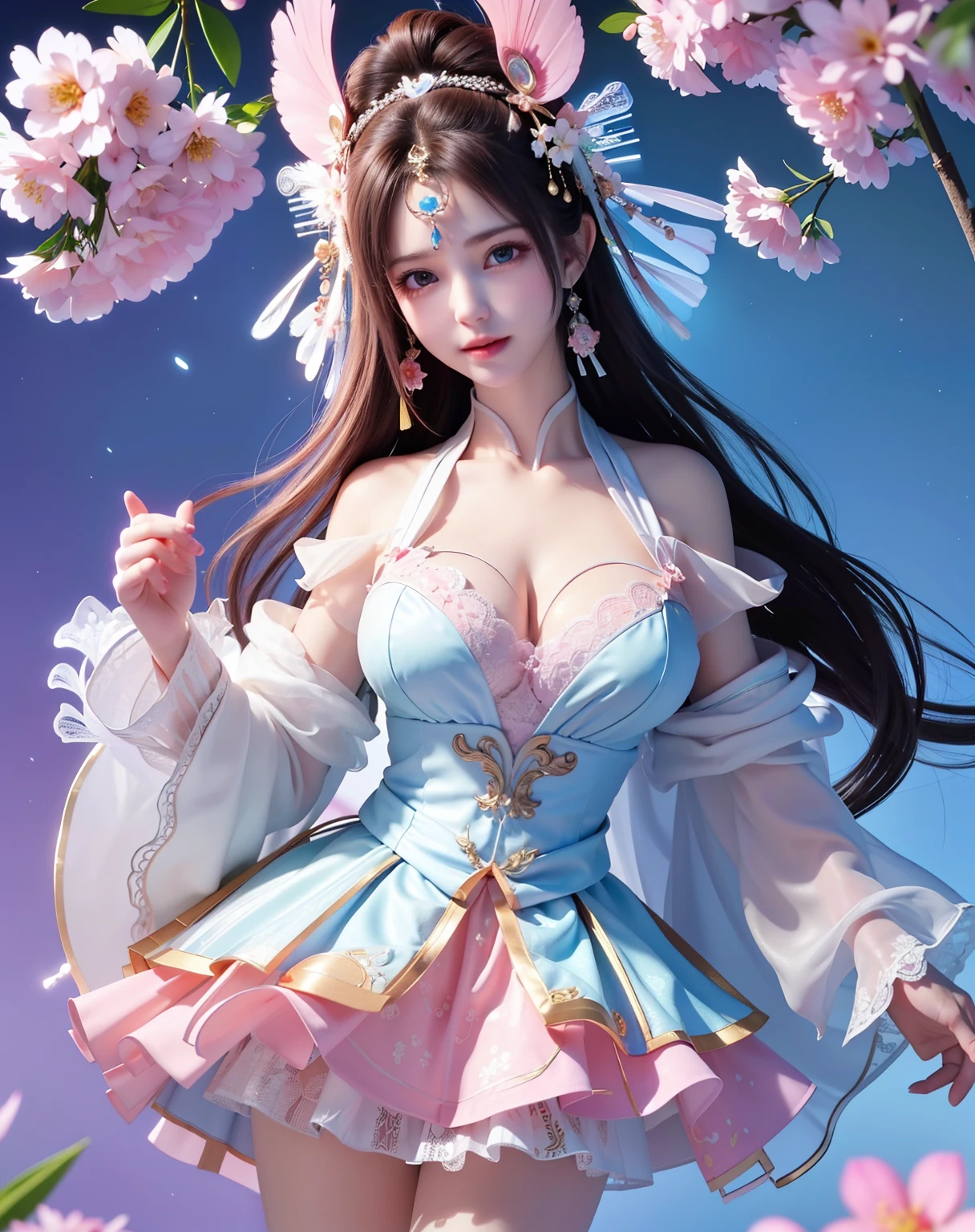 (8k, RAW photo:1.2), best quality, ultra high res,dramatic angle,(fluttered detailed color splashs), (illustration),(((1 girl))),(long hair),(rain:0.9), (Headdress:1.4),There is an ancient palace beside the girl,Hanfu,(Key Points),Color ink painting,(Splash of Color),Splash of Color,(((colorful))),(sketch:0.8) , Masterpiece, best quality, beautiful painted, highly detailed,(denoising:0.6),[splash ink],((ink refraction)), (beautiful detailed sky),moon,highly,detaild,(masterpiece, best quality, extremely detailed） CG Unity 8k Wallpaper，masterpiece，best quality，Ultra Detailed），（Lycoris）.shoulder ballet dress open V-chested clothes Thin silk lace dress short skirt , (huge ，),, white pink, blue ，best qualtiy，tmasterpiece，Ultra-high resolution，（Reality：1.4），RAW photogr，（True skin texture：1.3），（filmgrain：1.3），（Selfgle），1个Giant Breast Girl，Bul eye and face details，tmasterpiece，Best quality at best，，The chest more exposed， detailed hair, bra pink , detail 8k, full body, lace petticoat