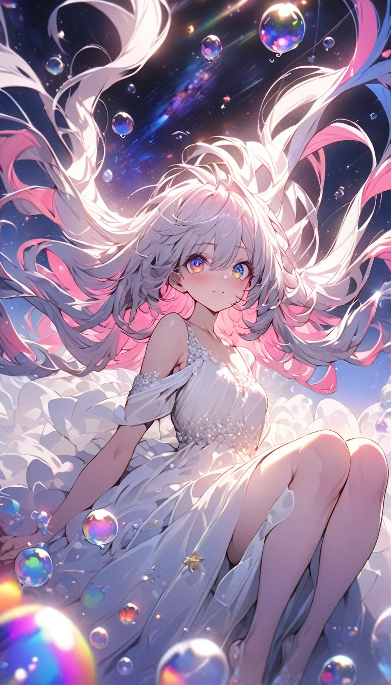 ((best quality)), ((masterpiece)), ((ultra-detailed)), (illustration), (detailed light), (an extremely delicate and beautiful), a girl, cute face, upper body, two legs, long dress, (beautiful detailed eyes), stars in the eyes, messy floating hair, colored inner hair, Starry sky adorns hair, (lots_of_big_colorful_Bubble), [pearl], [Galaxy], depth of field