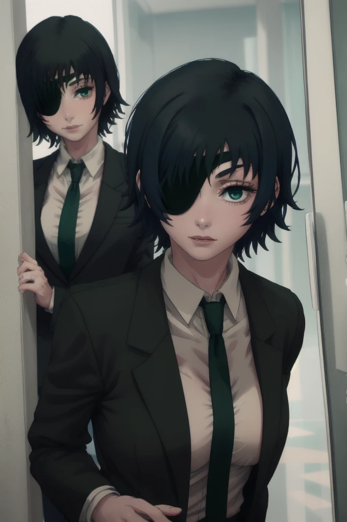 1girl, two heads, eyepatch, black hair, short hair, himeno-lora, blue eyes, green hair, gradient eyes, dark hair, dark green hair, blue-green eyes, himeno (chainsaw man), black necktie, necktie, solo, shirt, suit, formal, collared shirt, white shirt, black jacket, jacket