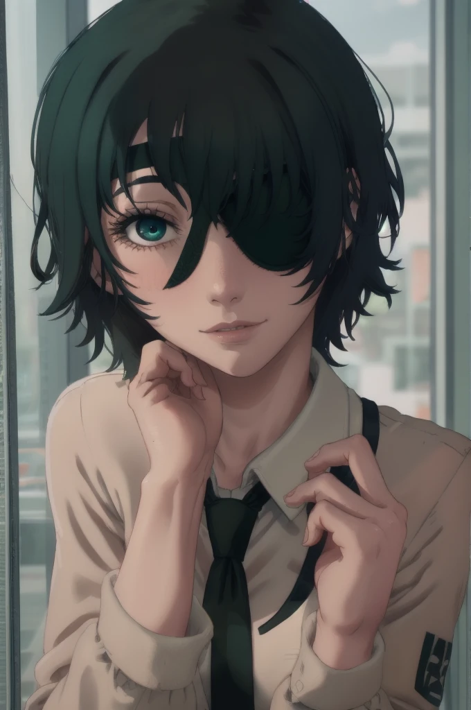 1girl, two heads, eyepatch, black hair, short hair, himeno-lora, blue eyes, green hair, gradient eyes, dark hair, dark green hair, blue-green eyes, himeno (chainsaw man), black necktie, necktie, solo, shirt, suit, formal, collared shirt, white shirt, black jacket, jacket