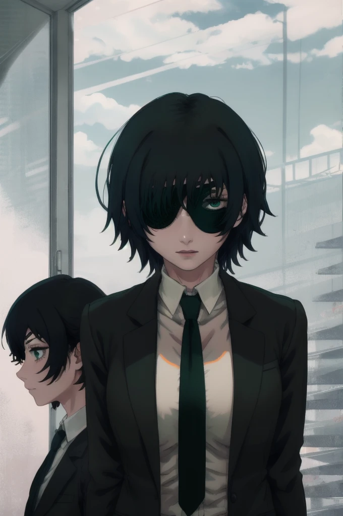 1girl, two heads, eyepatch, black hair, short hair, himeno-lora, blue eyes, green hair, gradient eyes, dark hair, dark green hair, blue-green eyes, himeno (chainsaw man), black necktie, necktie, solo, shirt, suit, formal, collared shirt, white shirt, black jacket, jacket