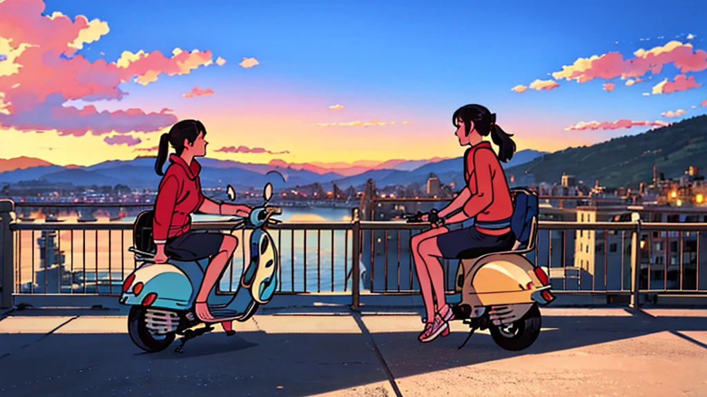 Stylish young woman with a ponytail.
Wearing casual clothing.
Riding a colorful vintage scooter (model: 1970 Vespa).
Sitting by a railing overlooking a serene cityscape with mountains and a river.
The scene has a relaxed, "chilled out" atmosphere with a retro aesthetic.
The sky is sunny with a few clouds.
The overall atmosphere is calm and emotional.
