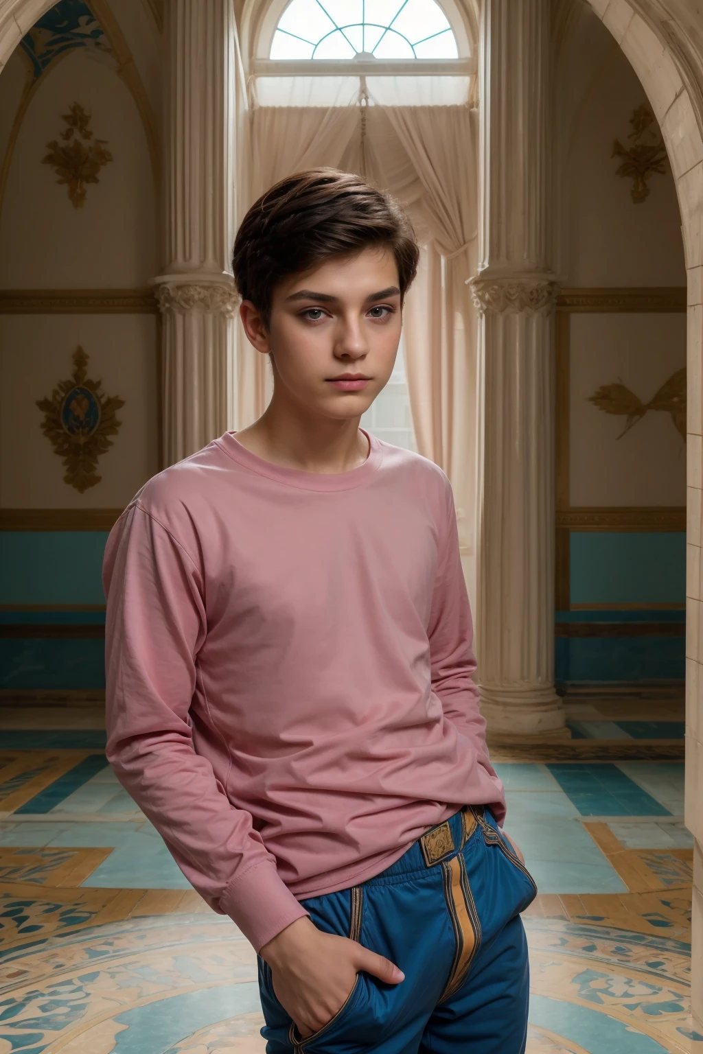 A cute male twink with a make-up face and black hair, wearing a long-sleeved pink shirt and aqua blue pants. He is in the royal palace and appears from the top of the window.