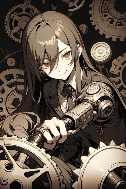 High Contrast、solo、male性、male、Long Hair、adult、mad Men、Suspicious eyeonocle to the eye、steampunk、gear、Mechanical prosthetic hand、Innocence、Unstoppable curiosity、Excitement of the unknown、observation、Crazy Smile、smile、Trance、Min City、Underground community
