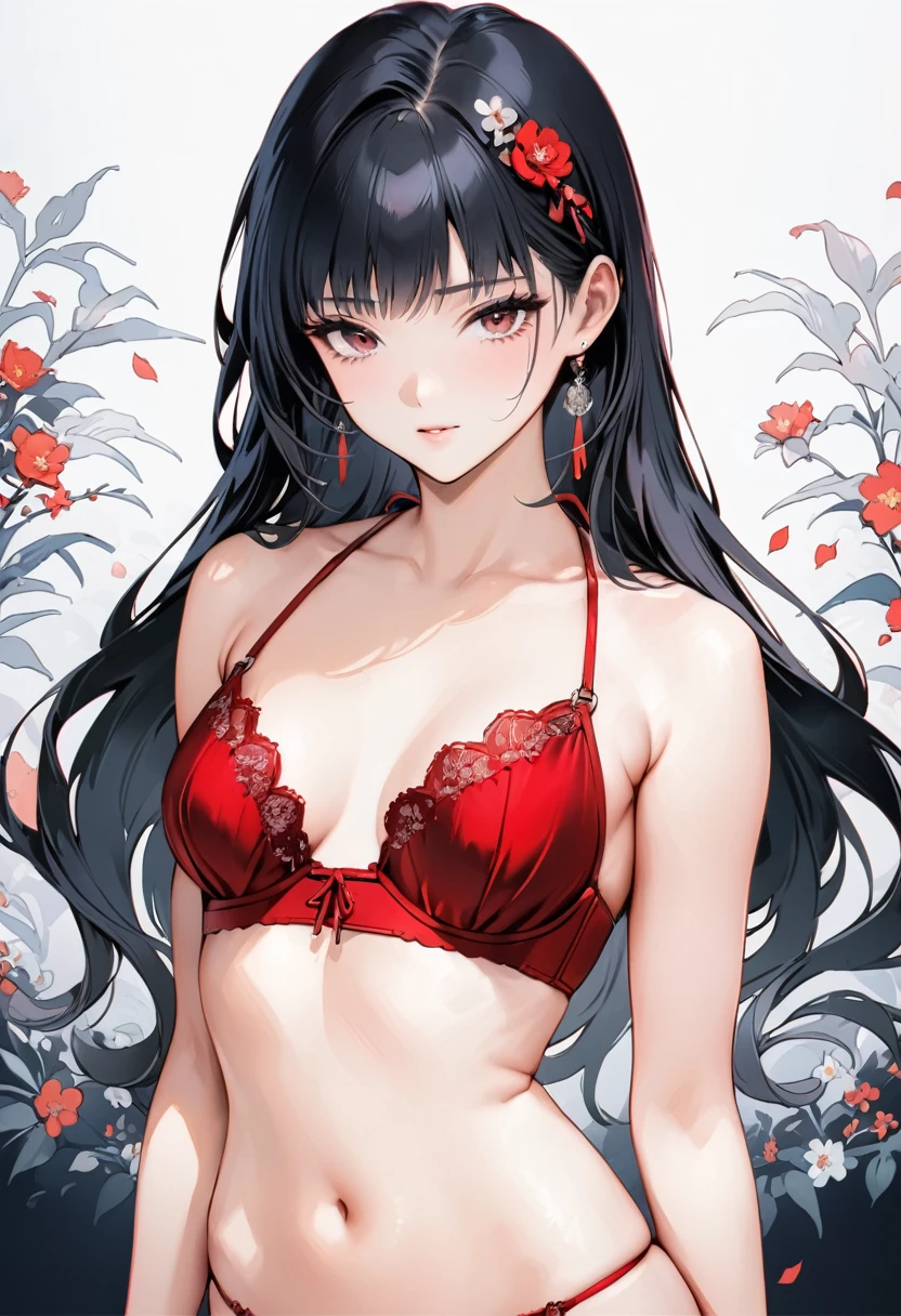((Top quality, masterpiece, freak, super resolution)), 1 girl, Japanese model,,Smooth black hair,A bright red halterneck bra with a lace-up front design featuring a high neck and thin straps around the neck.The cups are made of sheer floral lace, adding an elegant touch to the bra, with decorative lace-up detailing in the center to enhance the stylish look and provide slight adjustability for a better fit.The matching G-string panties also come in bright red with minimal coverage.The front of the panties coordinates with the bra, made of the same sheer floral lace, featuring delicate floral patterns for a cohesive look that exudes sensuality and sophistication.

