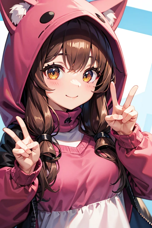 Pink cat ears hood、Brown Hair、Big Breasts、knit、Brown Hair、younger sister、Modest exposure, smile, peace sign
