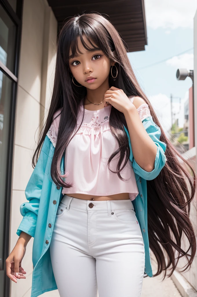   black girl, long pink hair, eyes browns, white pants and cyan blouse