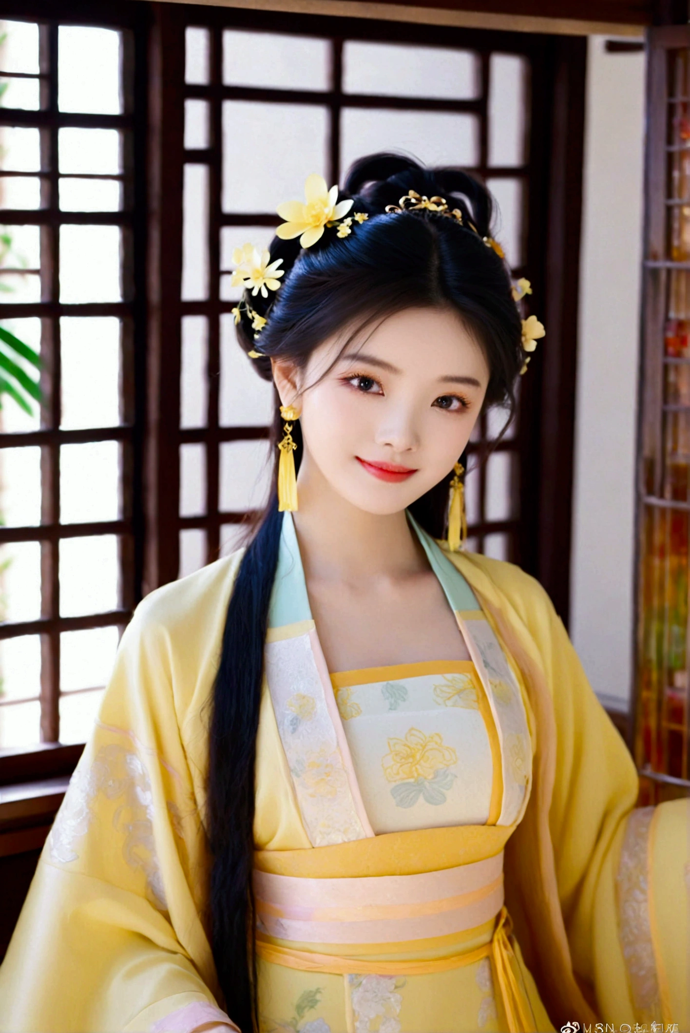 1girl, solo, looking at viewer, smile, black hair, hair ornament, dress, jewelry, upper body, flower, earrings, indoors, hair flower, black eyes, chinese clothes, realistic, yellow dress, hanfu