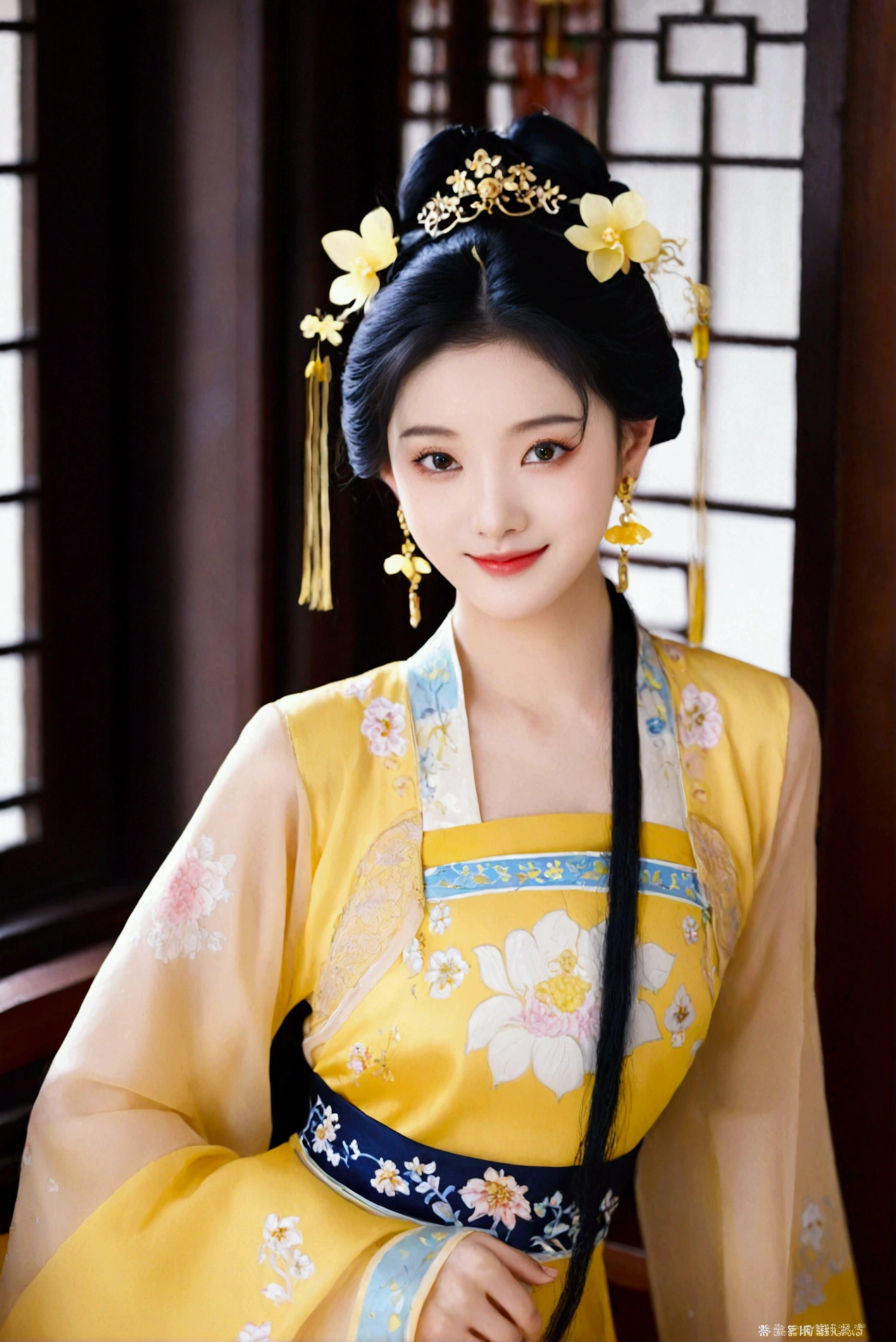 1girl, solo, looking at viewer, smile, black hair, hair ornament, dress, jewelry, upper body, flower, earrings, indoors, hair flower, black eyes, chinese clothes, realistic, yellow dress, hanfu