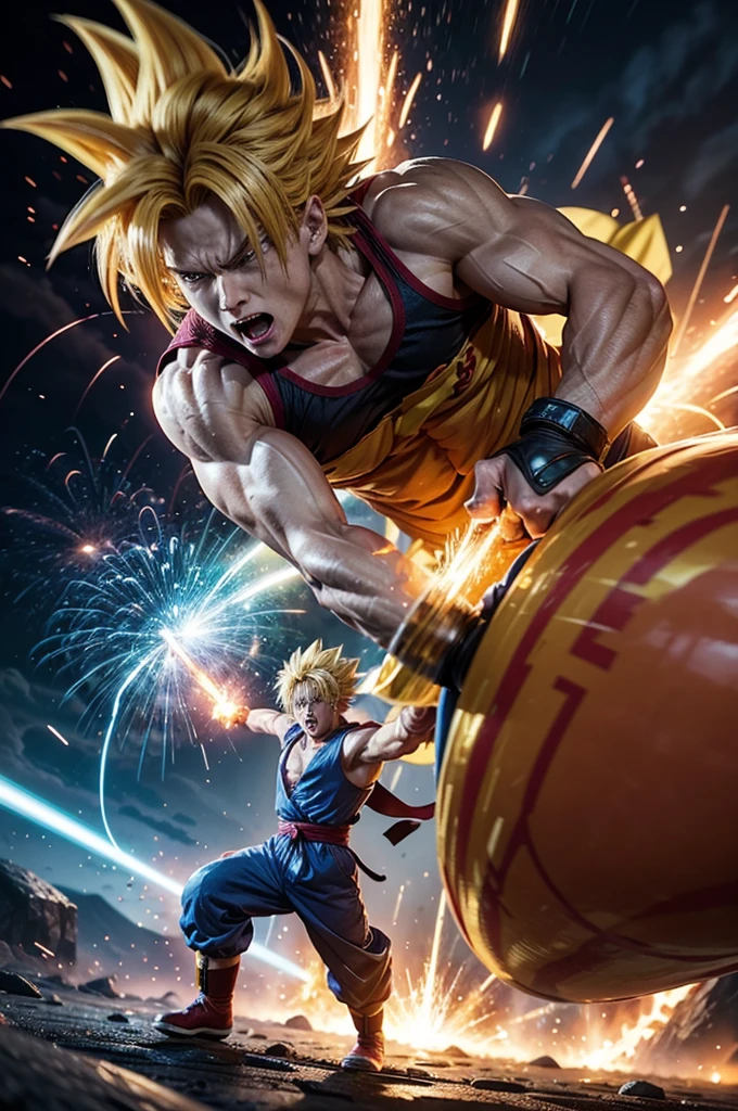 4K resolution cartoon showing a vibrant action scene with Goku and Trunks fighting Majin Buu. Goku is in his Super Saiyan form, with golden hair and bright energy around you. Trunks, also in Super Saiyan form, He has his sword in hand, Atacando Majin Buu. Majin Buu must be portrayed in his menacing form, with intense facial expressions and visible absorption powers. The background should be an animated ruined landscape, with explosions and colorful energy effects, capturing the dynamics and impact of battle."