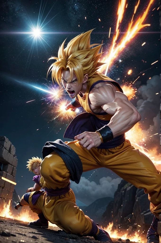 4K resolution cartoon showing a vibrant action scene with Goku and Trunks fighting Majin Buu. Goku is in his Super Saiyan form, with golden hair and bright energy around you. Trunks, also in Super Saiyan form, He has his sword in hand, Atacando Majin Buu. Majin Buu must be portrayed in his menacing form, with intense facial expressions and visible absorption powers. The background should be an animated ruined landscape, with explosions and colorful energy effects, capturing the dynamics and impact of battle."
